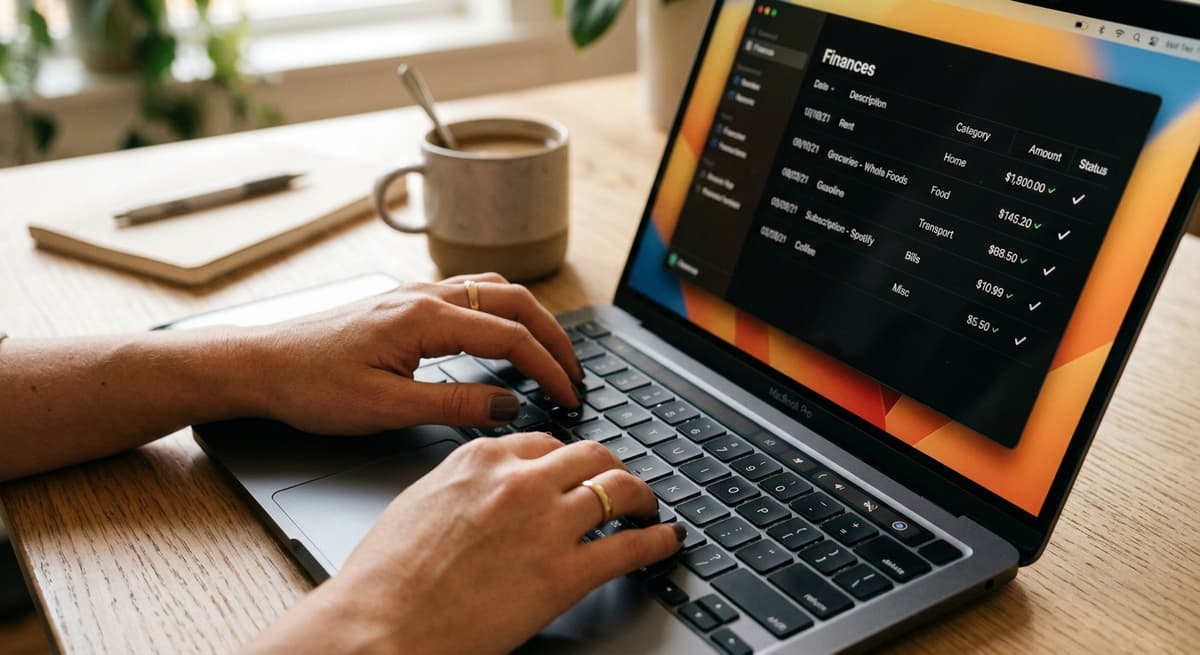 Hands typing on a laptop showing categorized financial transactions